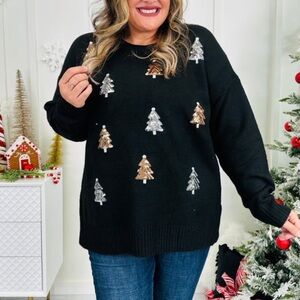 NWT Christmas Black Sweater Moco Boutique with Gold and Silver Sequin Trees 1X